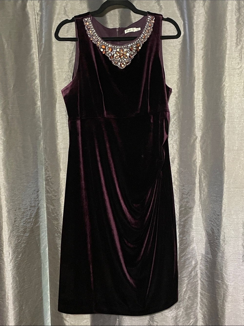 Eliza J Plum Velvet Midi Dress with Beaded Neckline